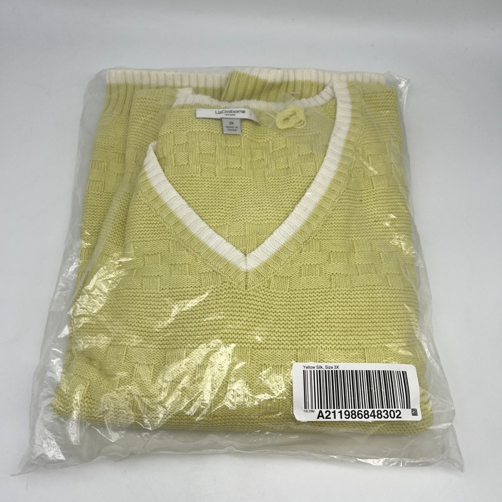 Sweater Liz Claiborne 3X Womens Green Basketweave Knit Vtg V-Neck XXXL 3XL Plus